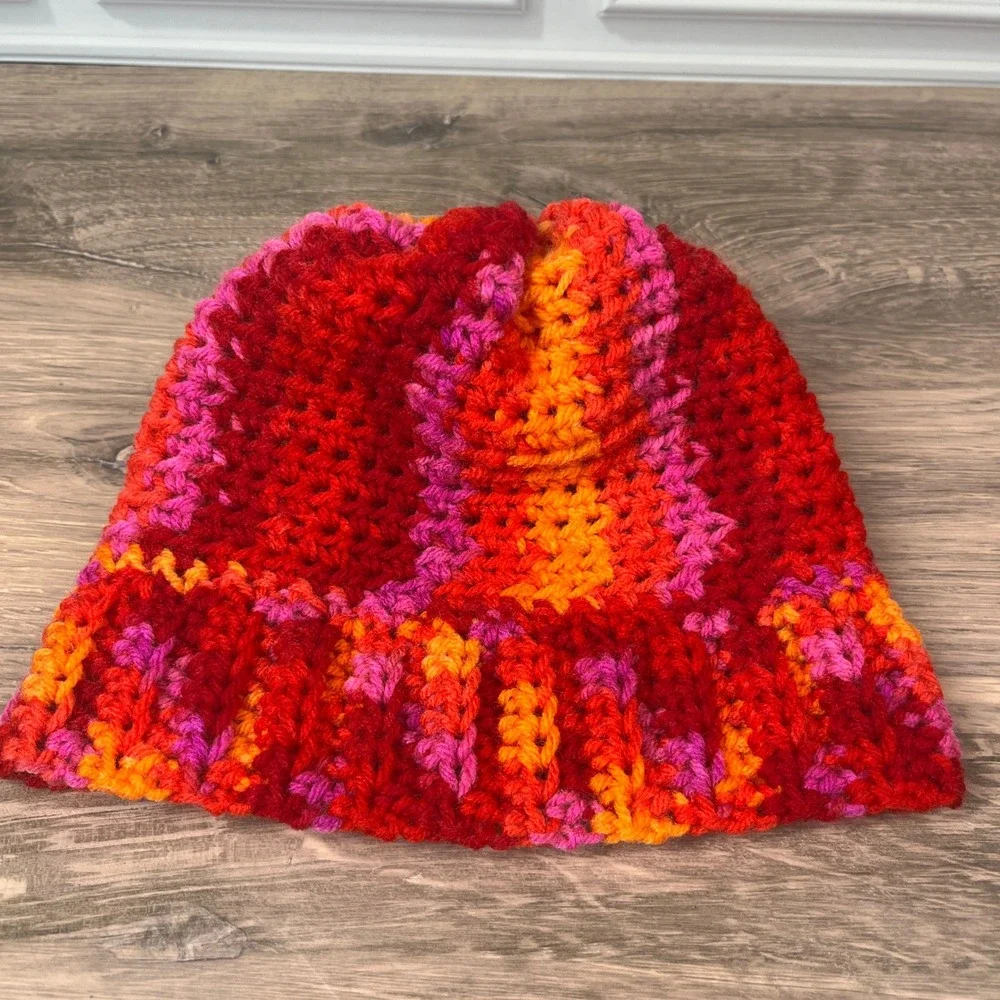 Handmade Crochet Beanie Kids Red Orange Pink Pom Pom Winter Hat